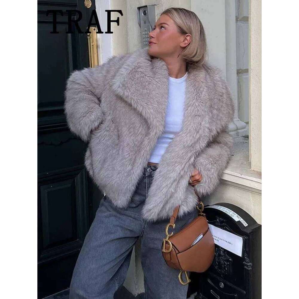 TRAF Faux Fur Cropped Jackets For Women Coats Thick Warm Soft Jacket Woman 2024 Long Sleeve Casual Winter Coat In New Outerwear
