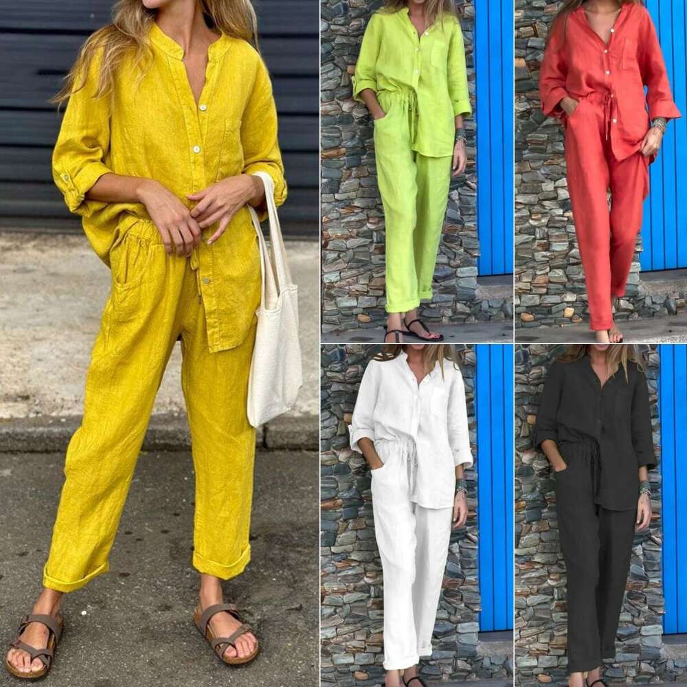 2025 Summer New Women's 2-Piece Set Plus Size Cotton Linen Shirt Suit High Waist Loose Long Pants