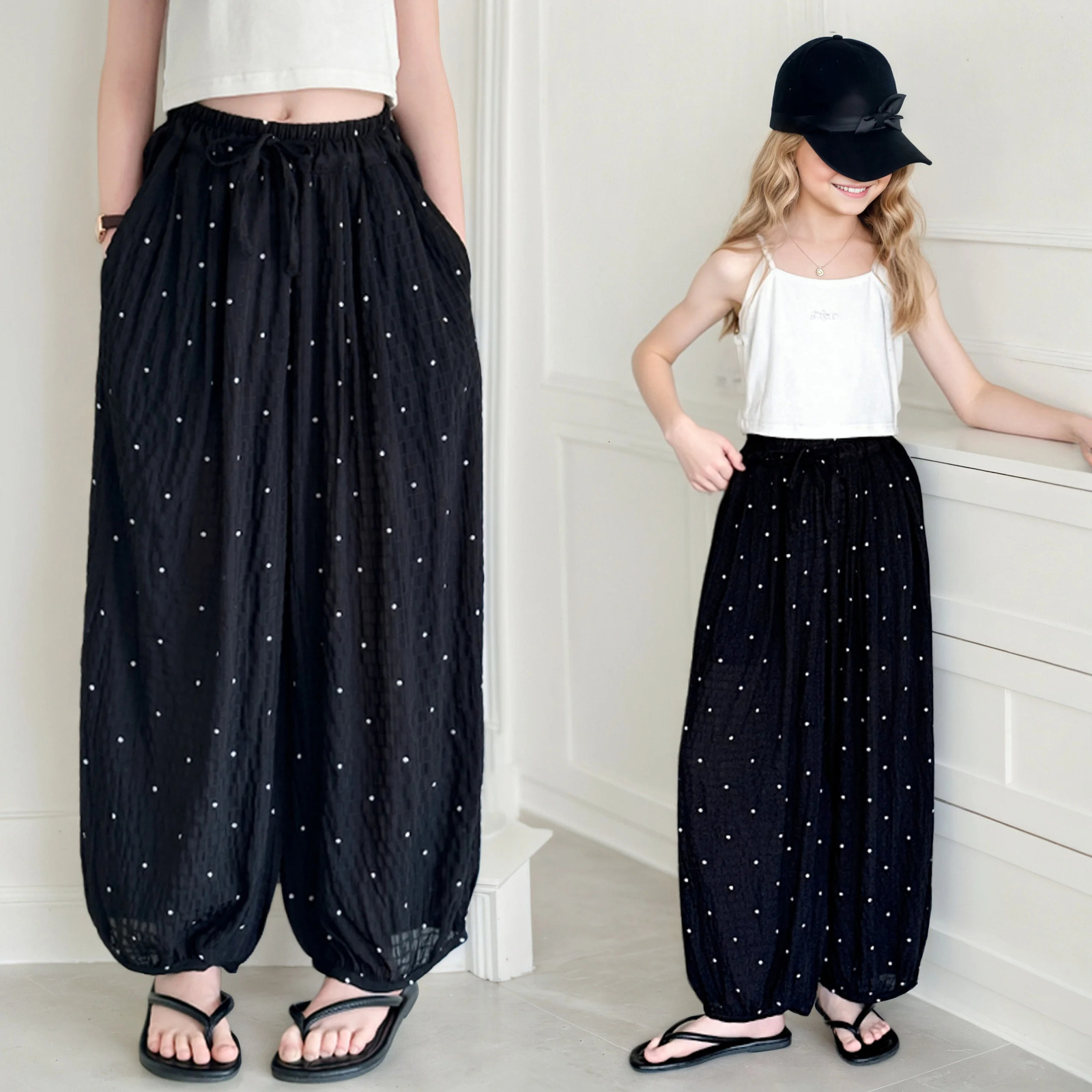 Girls Summer thin ice silk polka dot bloomers girls pants children summer straight outer wear 515 years old 250527