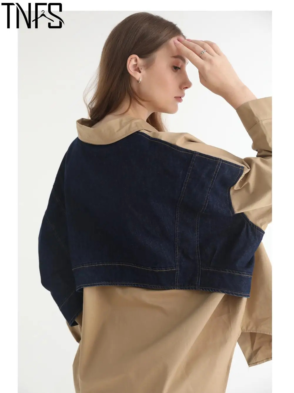 Getsring Women Blouse Denim Patchwork Stitched Ladies Shirt Long Sleeve Loose Leisure Irregular Shirts Fake Two Female Tops 250523