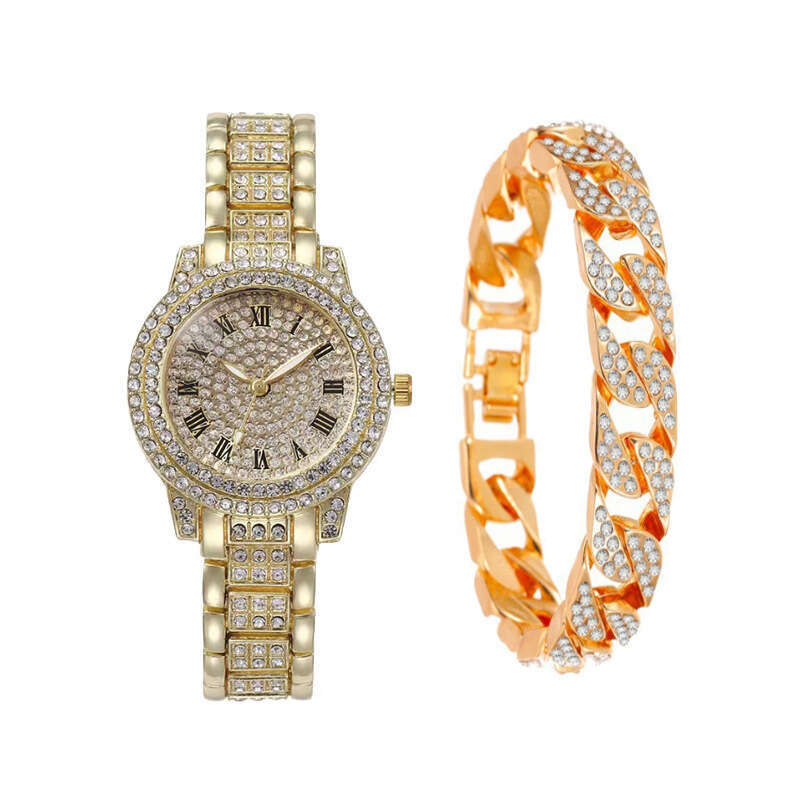 Roman Dial Steel Band Starry Sky Elegant Business Quartz Hip Hop Style Full Diamond Bracelet Watch Set