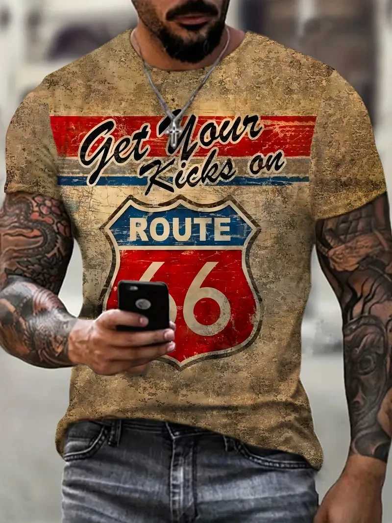 Vintage 66 Route T-Shirt for Men 3D Printed Biker Motor Mens T Shirts Oversized T Shirt Route 66 Racing Short Sleeve Camiseta Z250527