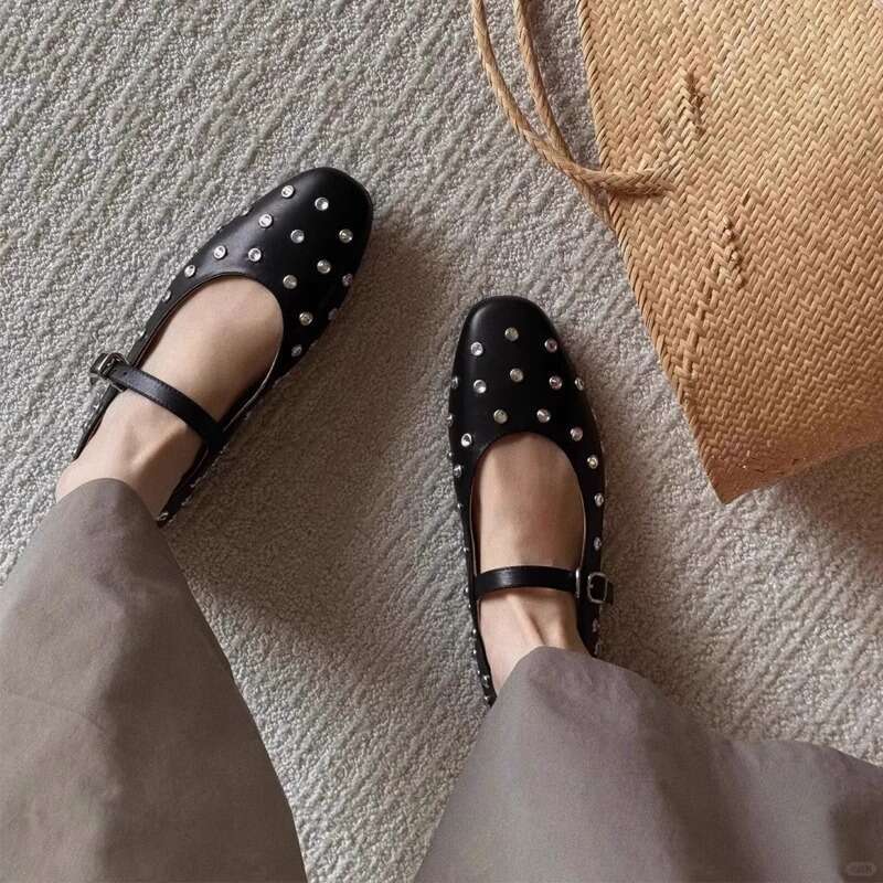 2025 Spring/Summer New Fashion Versatile One-Strap Studded Buckle Genuine Leather Soft Mary Jane Ballet Flats for Women