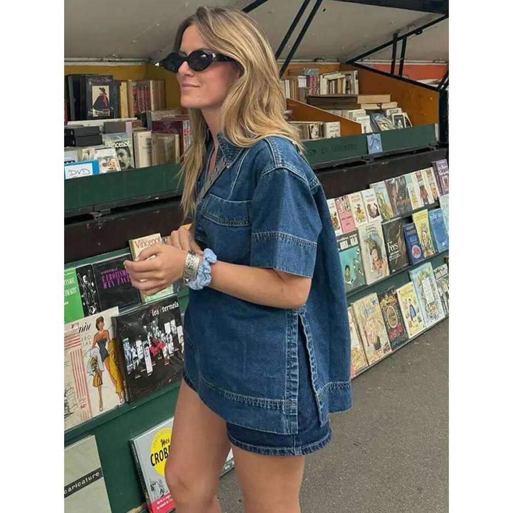 Casual Women Denim Tops Skirt Sets Fashion V-neck Patchwork Half Sleeve Split Shirt Mini Jean Short 2025 Summer Vintage Outfits