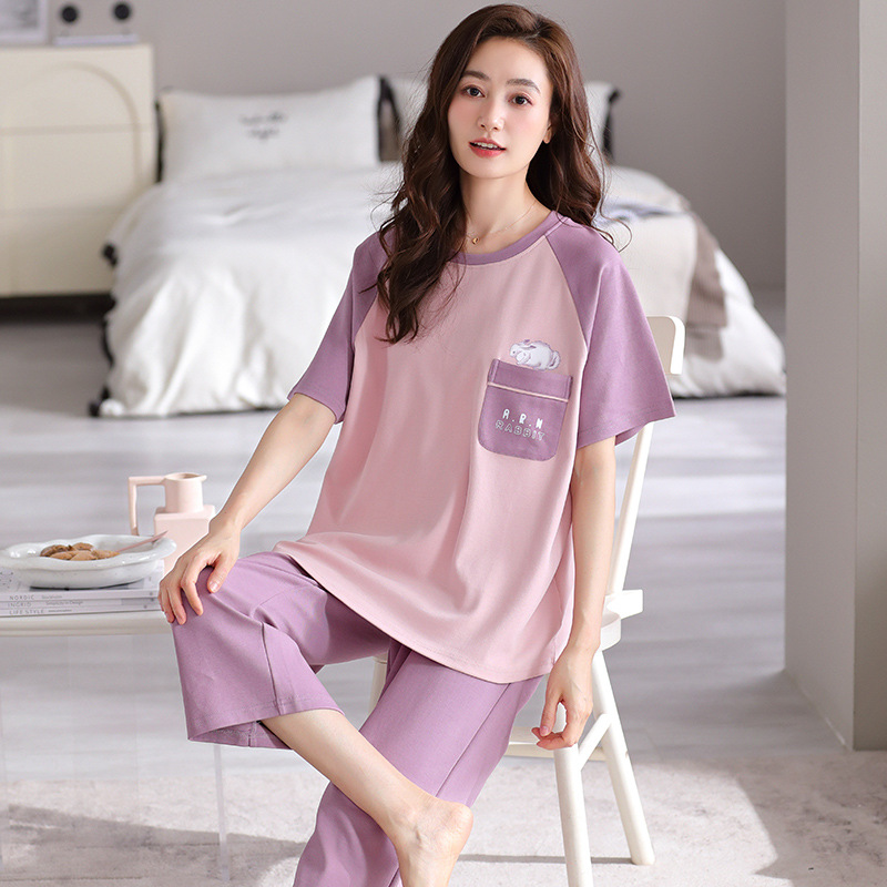 B901-Pajamas women's summer pure cotton short-sleeved shorts summer large size can be worn outside home clothes suit