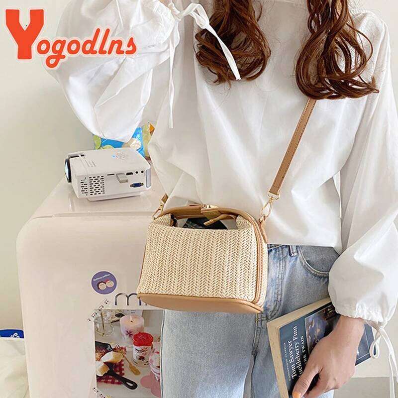Women's Bags Designer Yogodlns Summer Small Straw Handbag Trendy Shoulder Woven Bucket Crossbody Casual Seaside Beach Bag Gilrs Handle Tote