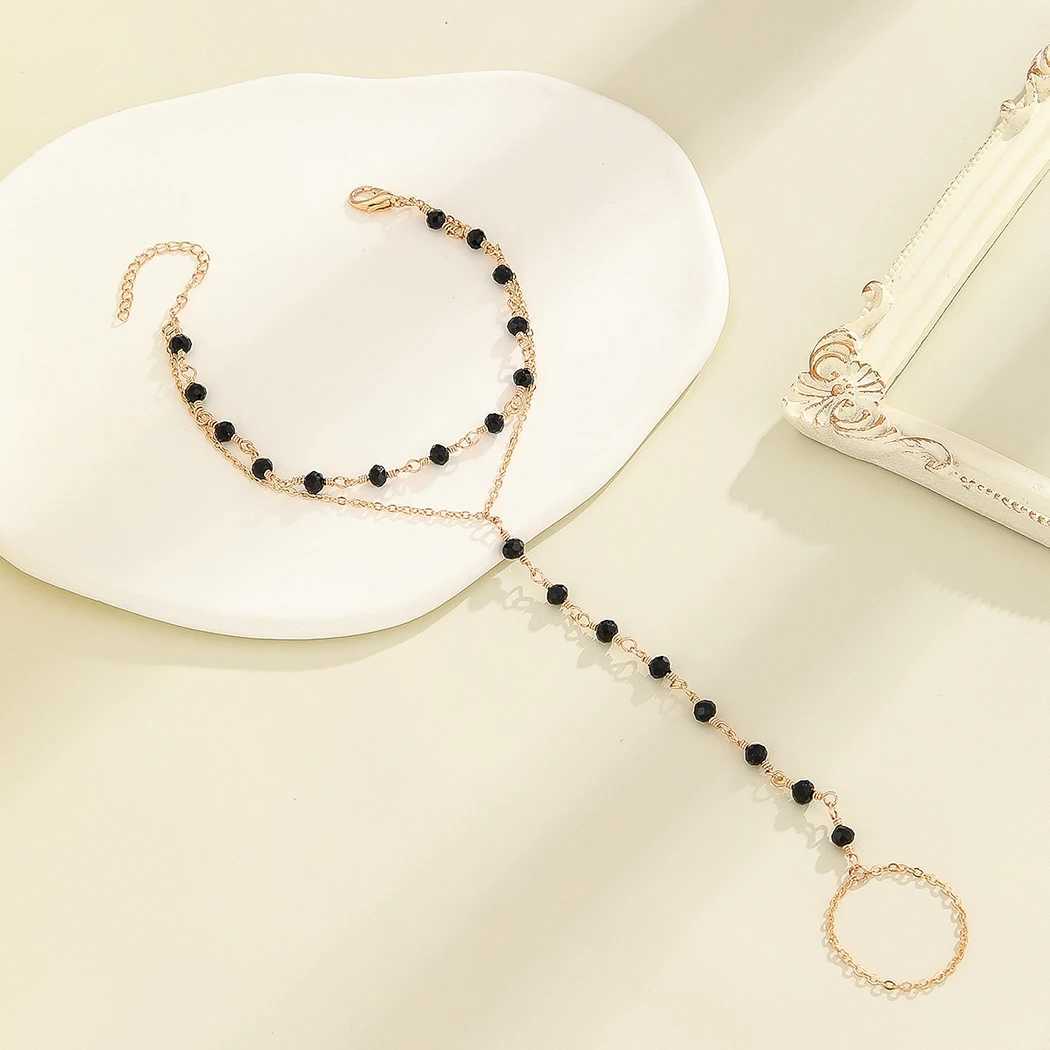 Black Beads Link Chain Bracelets Connected Finger Ring Bangle For Women Girls Bohemia Double Layer Chain Bracelet Party Jewelry W250526