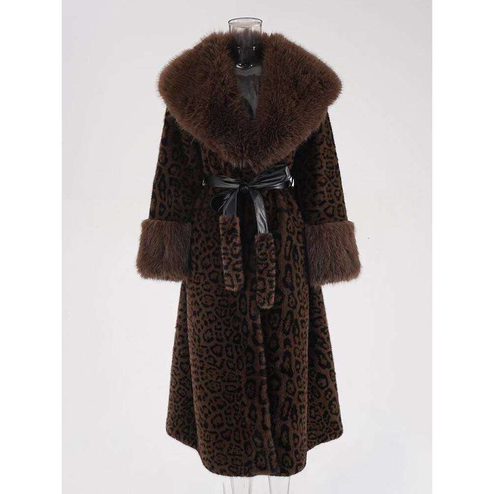 DEAT Fashion Imitation Mink Coat Women's Fur Collar Loose Covered Buckle Leopard Plush Overcoat Winter 2024 New