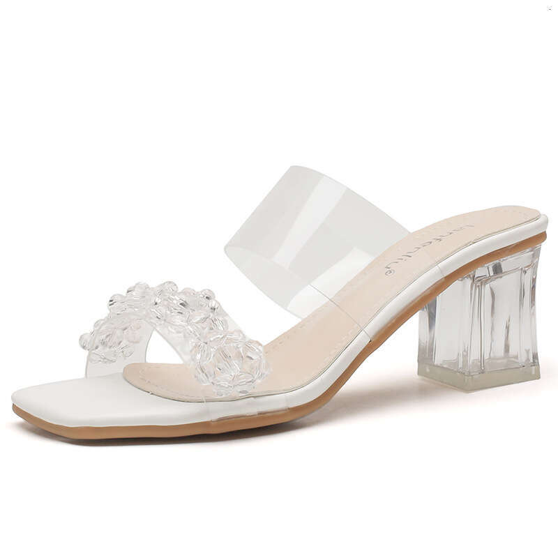 Transparent Sandals High Heels 2025 Summer New Mid-Heel Fashion Crystal Chunky Heel Outdoor Rhinestone Slippers for Women