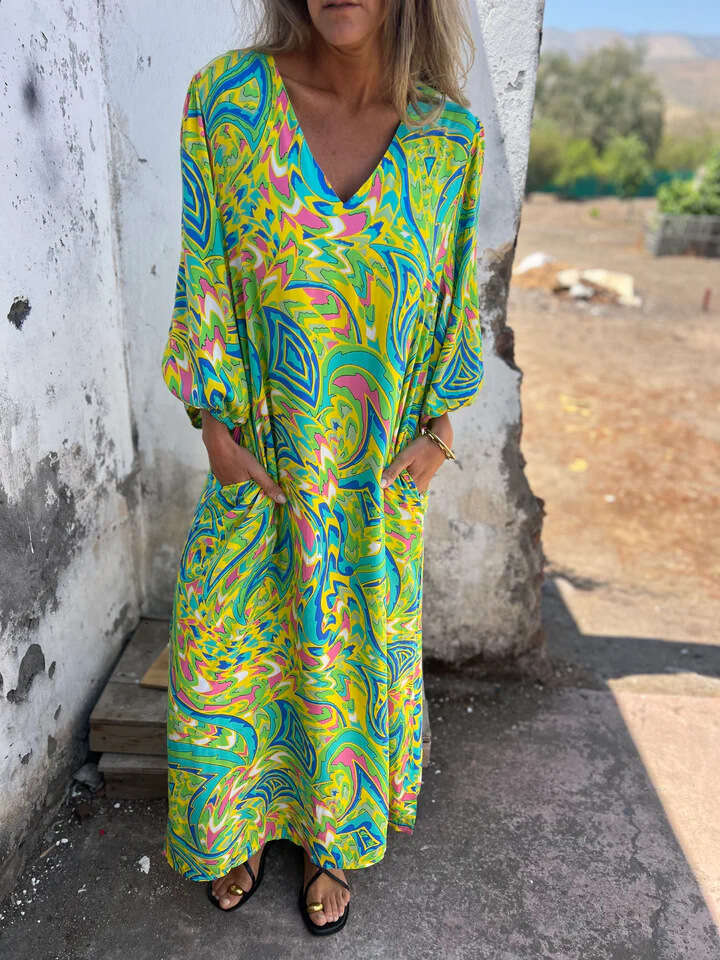 2025 Spring Summer Women Elegant V Neck loose Graffiti Casual Holiday Style Midi Dress