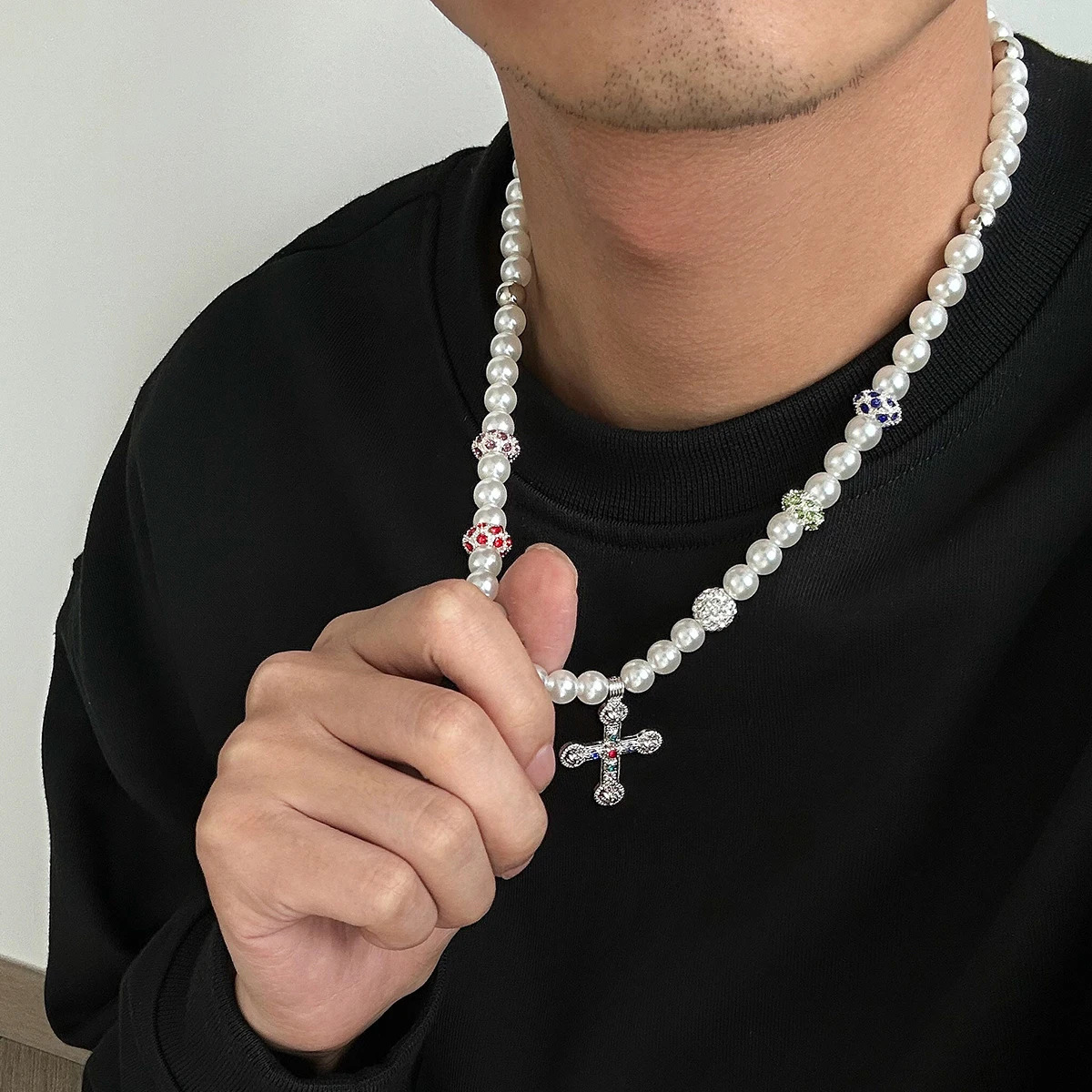 Ingemark Punk Big Cross Jesus Pendant Choker Necklace Men Vintage Pearl Crystal Chain Grunge Jewelry Steampunk Male 250522