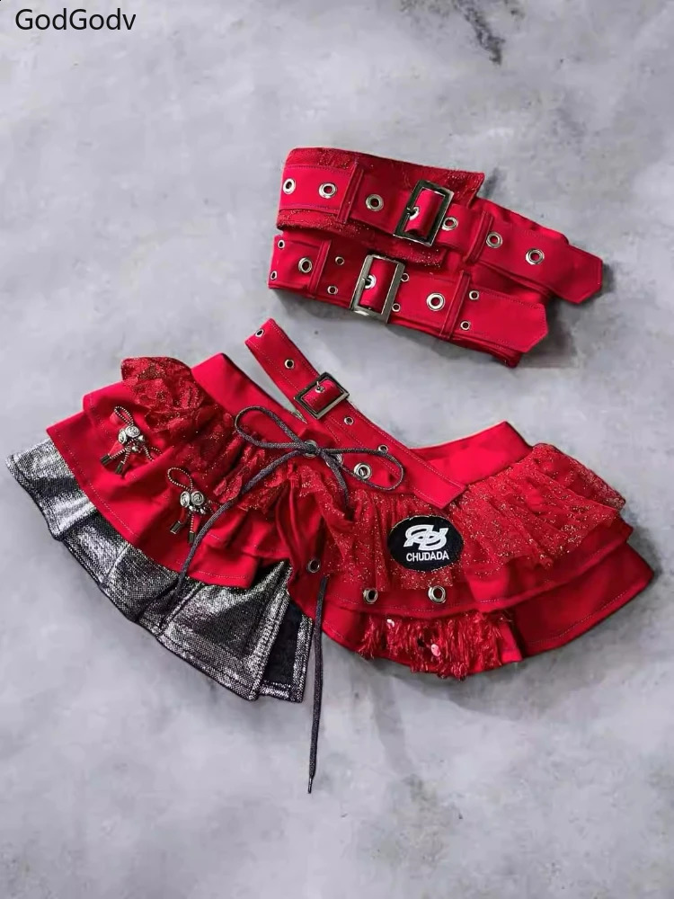 Punk Style Vintage Woman 2 Piece Sets Y2k Strapless Crop Tops High Waist Ruffle Skirt Female Party Korea Style Outfits 250523