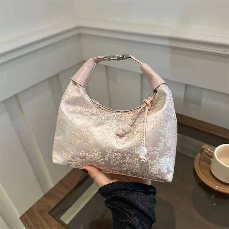 Sweet Embroidery Shoulder Nylon Texture Pearl Pendant Crossbody Bag Small Bucket Handbag Women Girl
