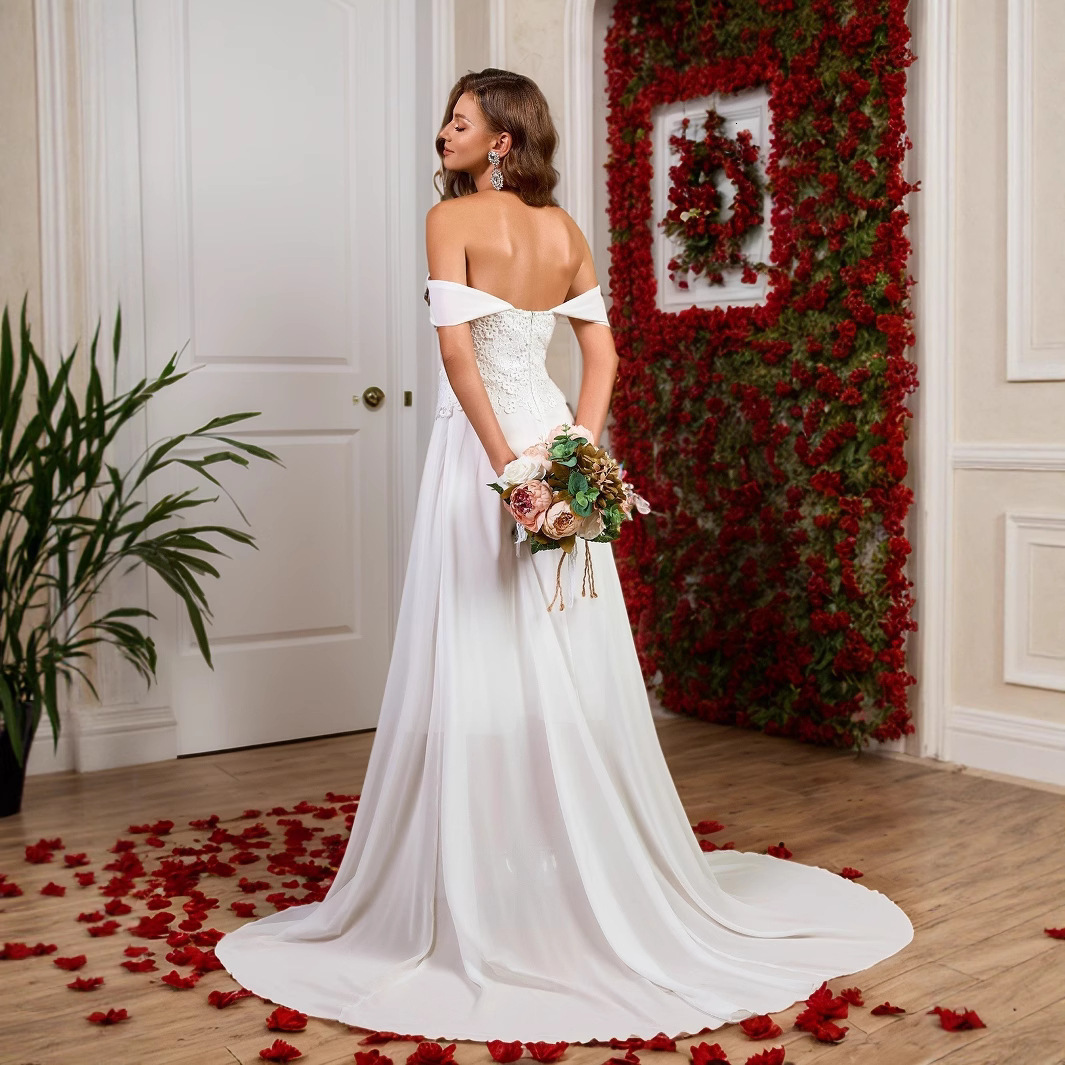 2025 Summer New Dress Shoulder Lace Chiffon Splicing Wedding Dress