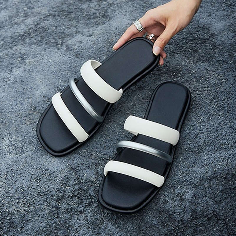 Cowhide Version ~ Flat One-Strap for Women Summer 2025 New Color-Block Square Toe Internet Celebrity Vacation Beach Sandals
