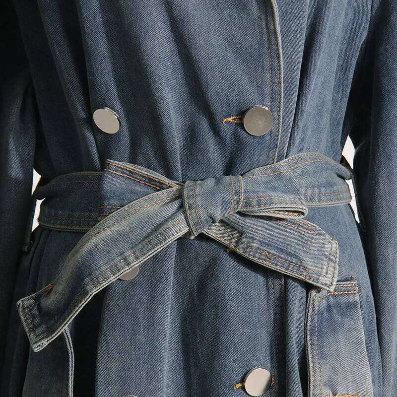 Women Denim Trench Coats Office Lady Sleeves Lace Up Pockets Loose Long Jackets 2025 Spring Jacket Y2k Streetwear