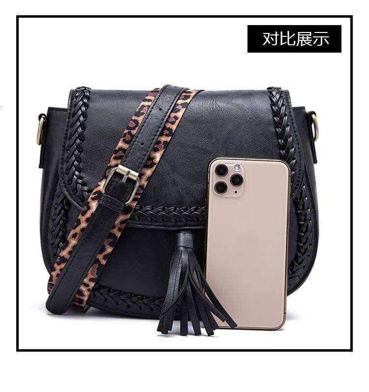 Woven leopard print shoulder strap flip retro crossbody bag