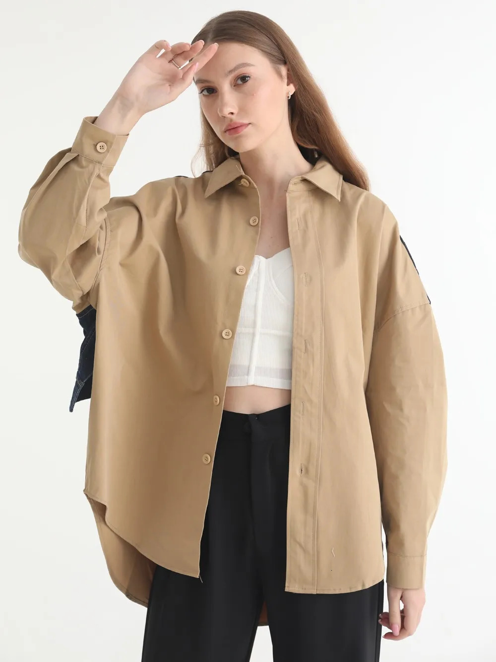 Getsring Women Blouse Denim Patchwork Stitched Ladies Shirt Long Sleeve Loose Leisure Irregular Shirts Fake Two Female Tops 250523