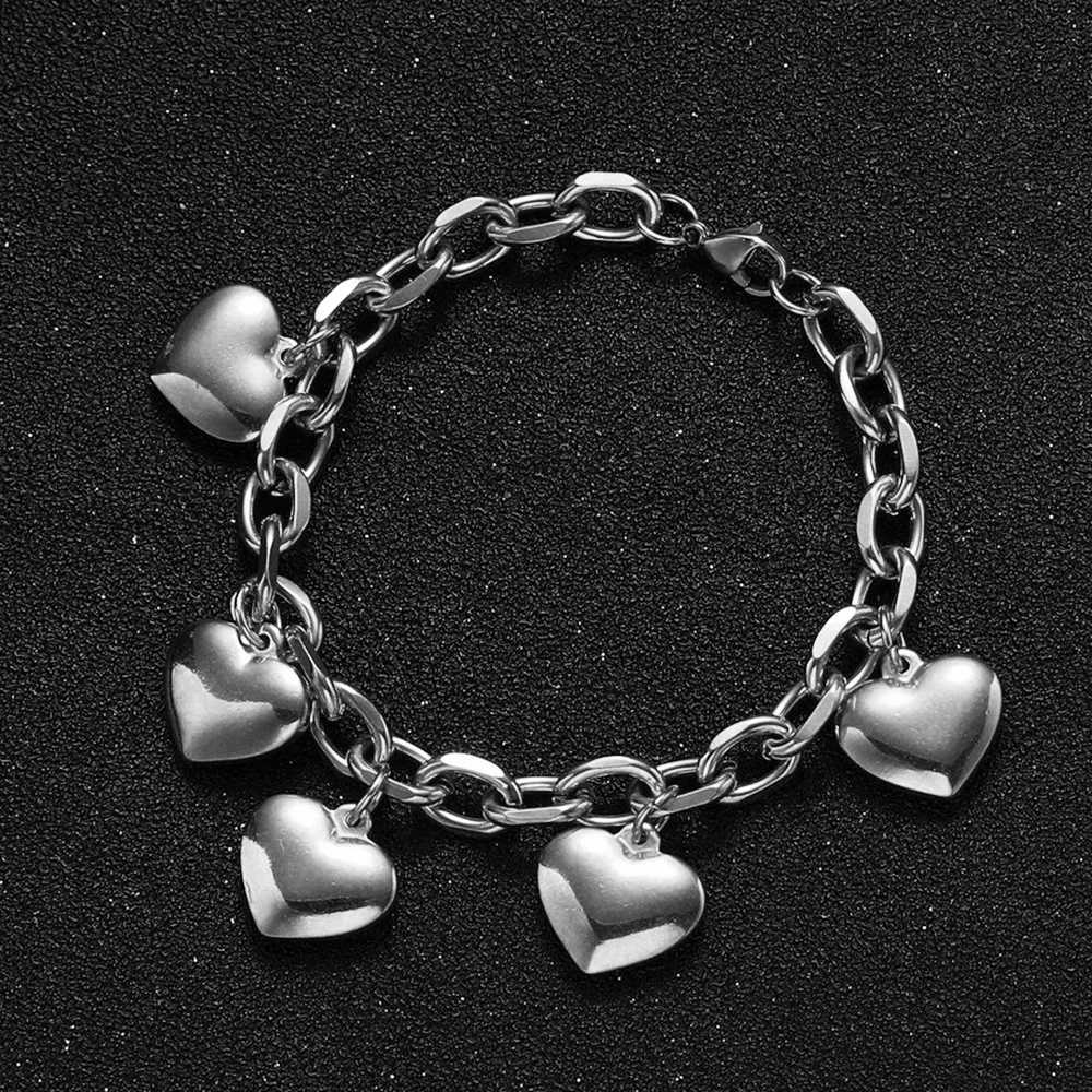 MisenBaBa New Style Stainless Steel Thick Chain Tassel Heart Charm Bracelet For Women Fashion Jewelry Valentines Day Gift W250526