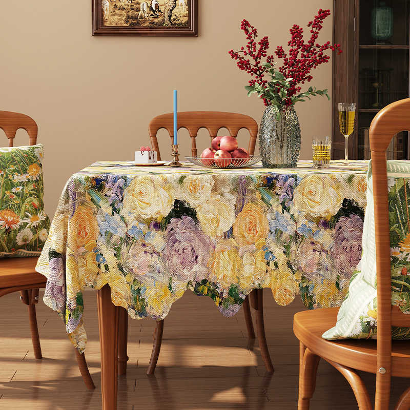 A650 American retro romantic oil painting style tablecloth linen fabric waterproof coffee table cloth pastoral style high-grade jacquard cover cloth