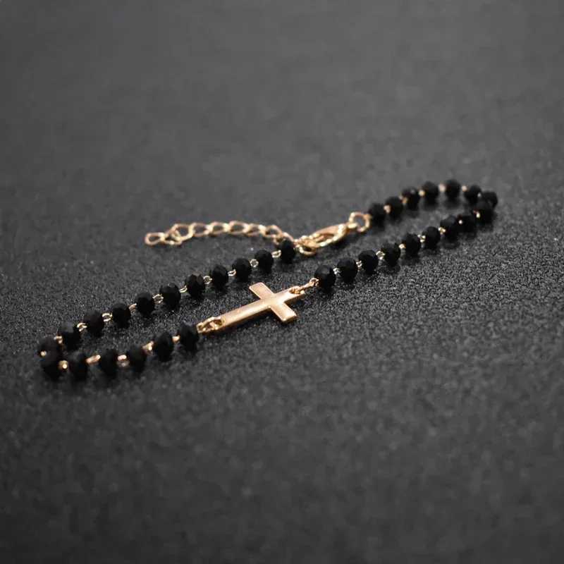 2020 Yeni Tasarm Rosary Stili Yanlara apraz Bilezik Siyah Boncuklu Altn Renk Zincir Bilezikler Kadnlar ve Kzlar iin W250526