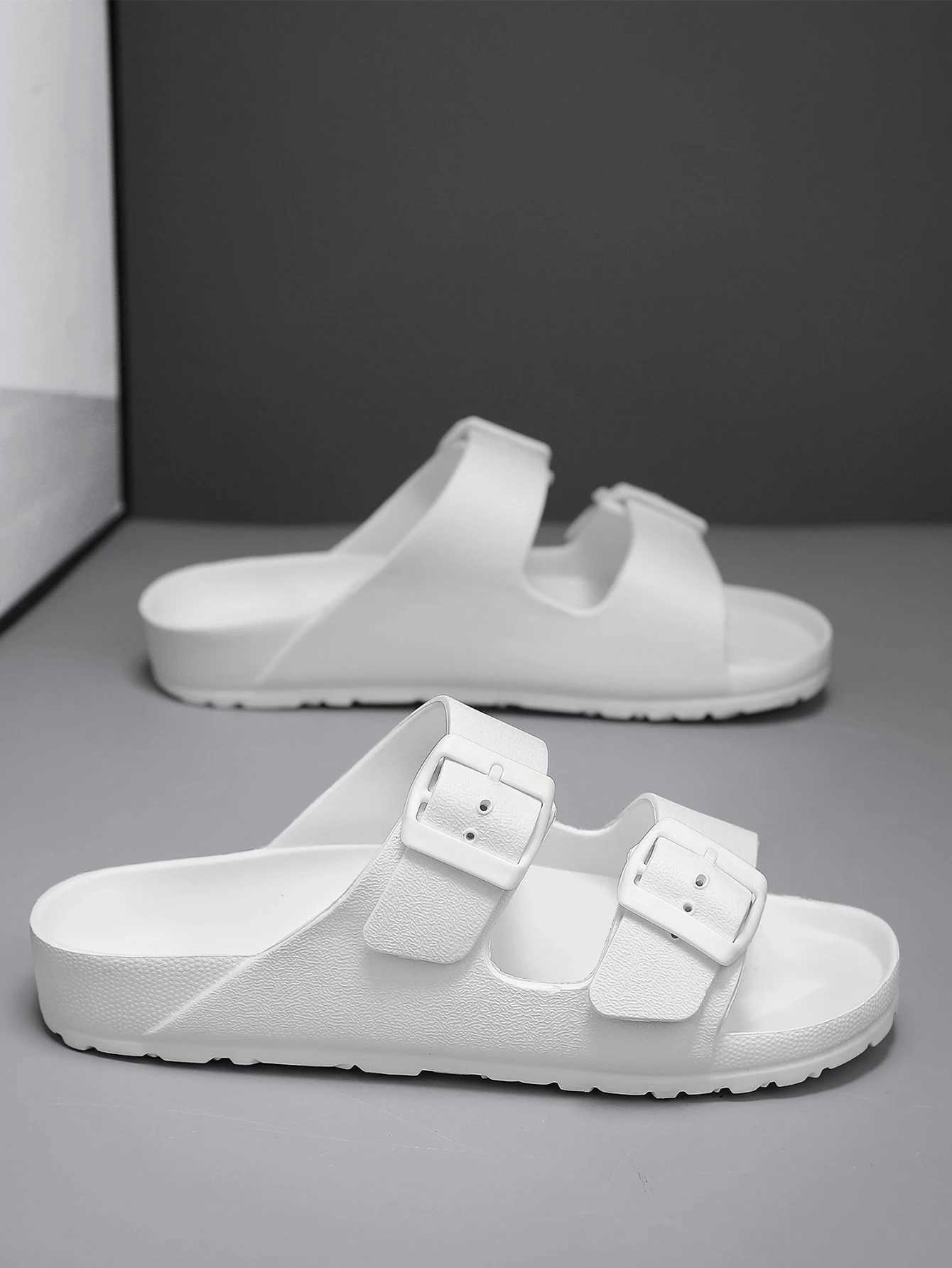 Summer Mens Casual Simple Solid Color Buckle Plastic Slip-On Flat Heel Adjustable SlippersXJ250527