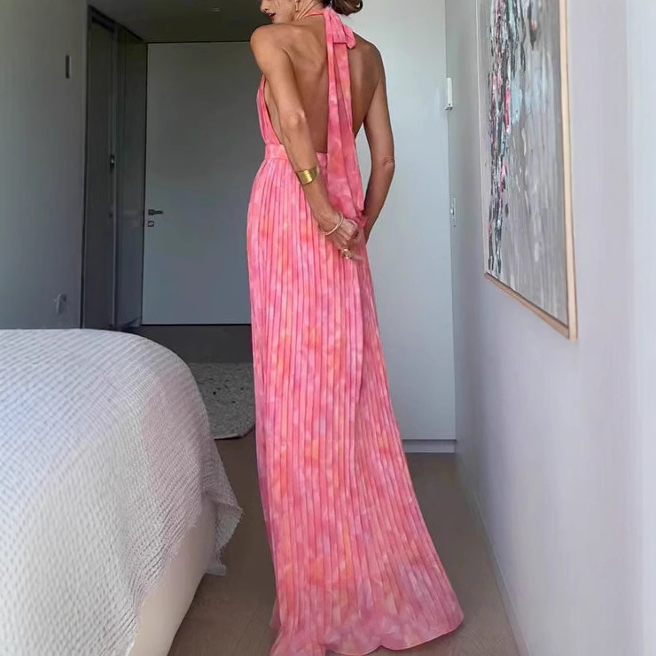 Summer new vacation style women's sexy deep V-lace up backless dress