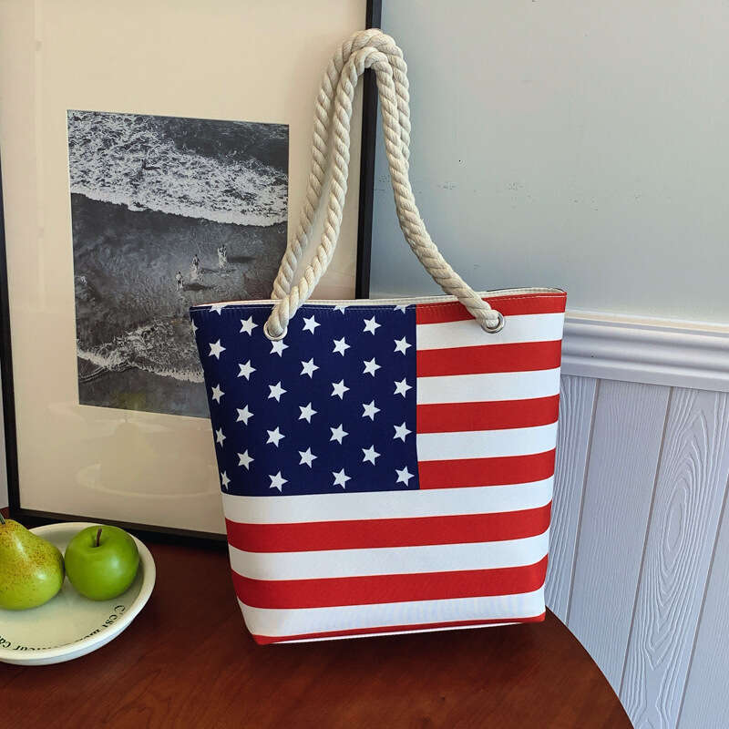 2025 New Canvas Print Single Shoulder American Flag Fashion Large Capacity Tote Bag with Thick Rope Handle