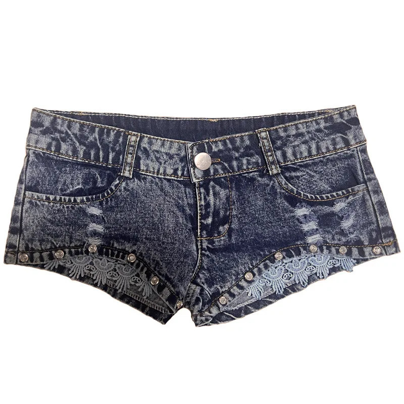 Sexy Y2k Jean Denim Shorts Women Bright Diamond Lace Ultra-low Rise Pants Nightclub s Ripped Shorts 250520