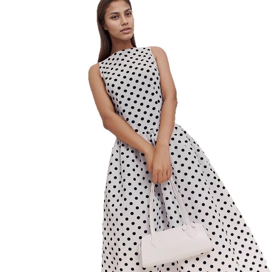 European style retro sleeveless polka dot long dress, elegant women's dress, spring and summer new styles