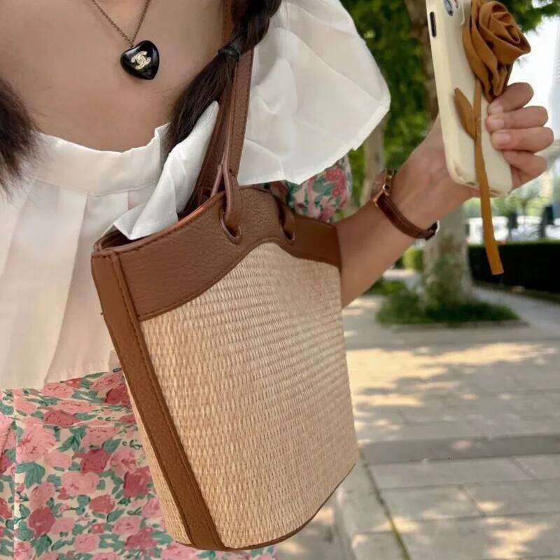 Vacation Woven Handbag Women Vintage Straw Bucket Bagutte Bag Purse Female Sea Holiday Summer Shoulder Bags 2025