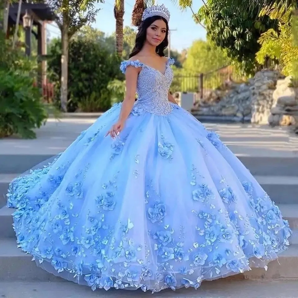 3D Floral Appliques Sweet 15 Quinceanera Dress Ball Gown Off The Shoulder Luxury Party Dresses Light Sky Blue Elegant Flower Formal Prom Dress