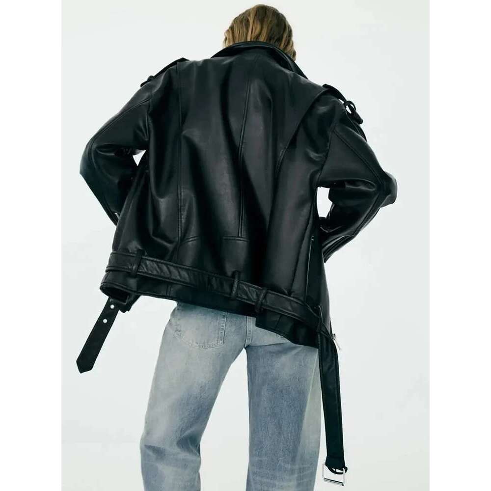 TRAF New Imitation Leather Fall And Winter Lapel Long-Sleeved Pockets With Belt Jacket Women's Fashion Coat