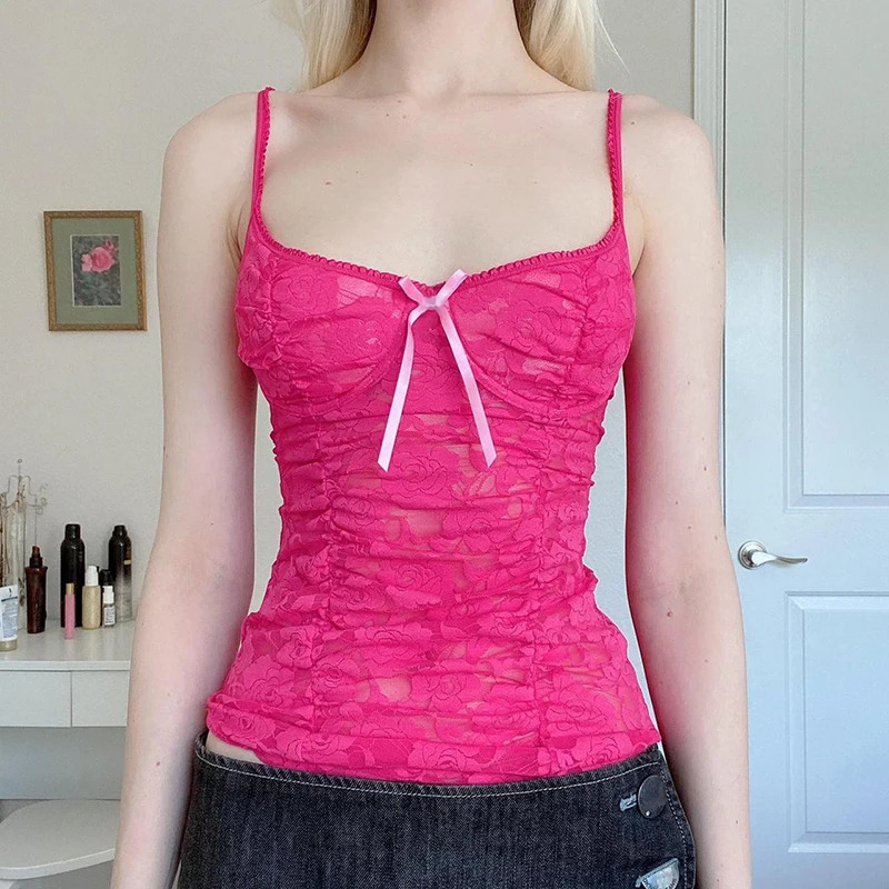 CIBBAR Sweet Sexy Lace Camisole Solid Skinny See Through Crop Tops for Women Cute Aesthetic Summer Tees Vintage y2k Holiday Vest 250523