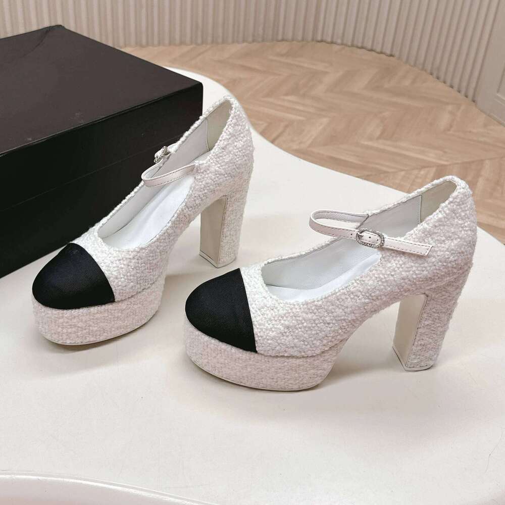 2025 Newest Spring Tweed Round-Toe Platform Super High Heel Buckle-Strap Woman Pumps Pink Color Mary Janes Banquet Bota Feminina