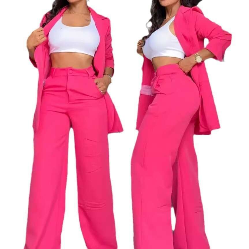 2025 Summer Women's Elegant Solid Color Split Sleeve Lapel Blazer and Straight Pants Set