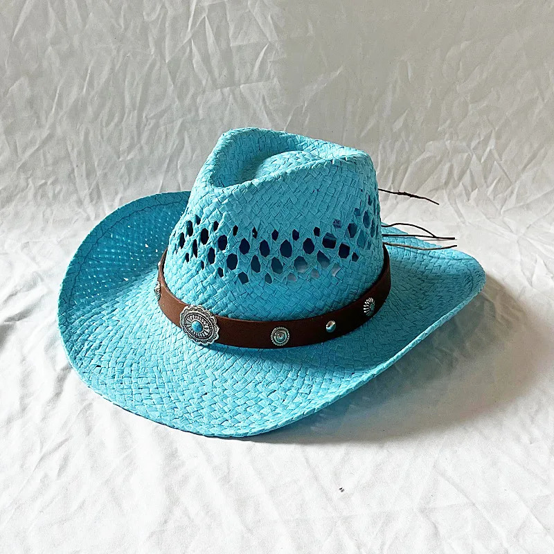 Handmade Summer Straw Hat Womens Mens Hollow Cowboy Hats Punk Large Brim Hat Western Beach Boho Straw Hat Holiday Cap 250526
