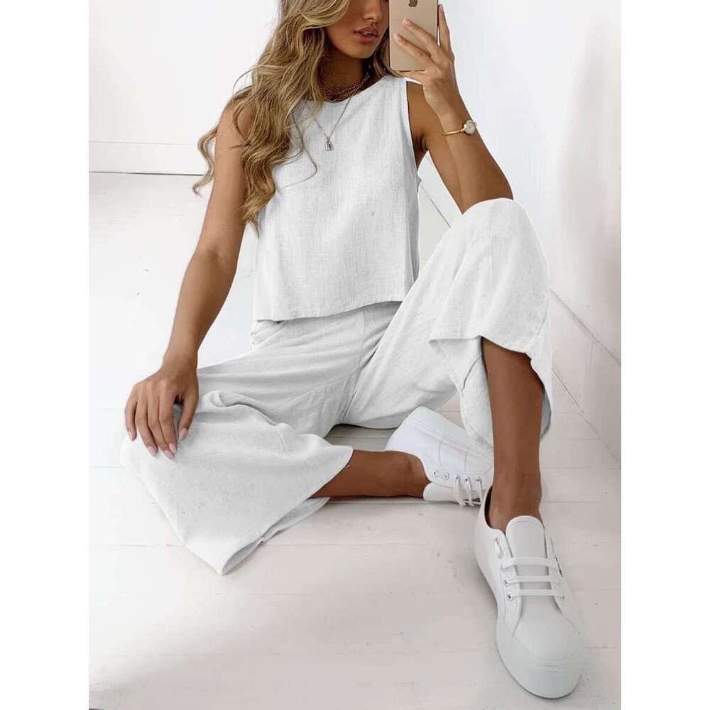 2025 New Cotton Linen Women's Summer Casual Sleeveless Top Wide-leg Pants Two-piece Set