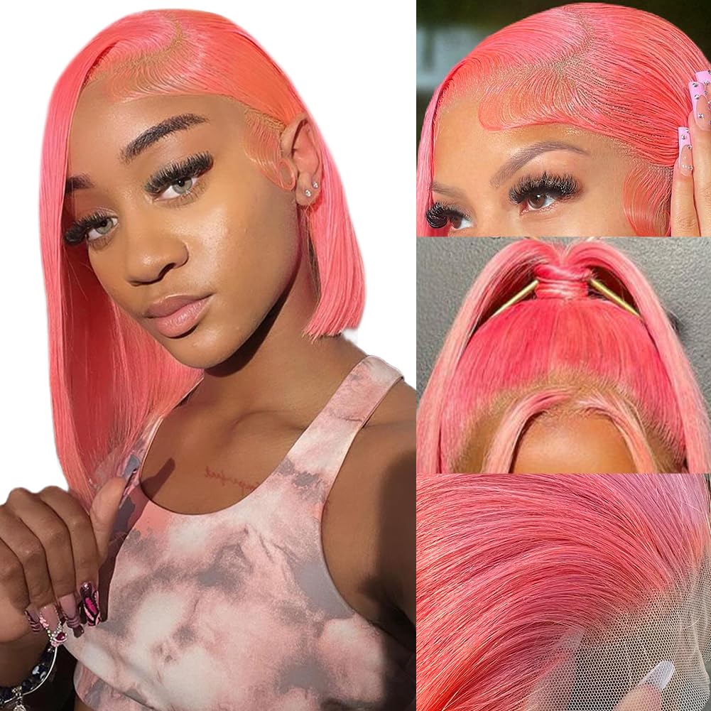 8inch Blue Short Bob Wigs Simulation human Hair Pixie Cut Peruvian 13x4 For Women 180 Density Blonde Fashionable Front Transparent Lace Synthetic Wig