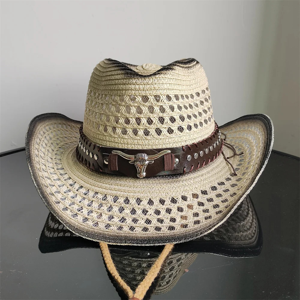 Holllow Cowboy Straw Hat Women Men Summer Handmade Vintage Hollow Western brim Sun Protection Fisherman Mountaineering Bohemian 250526