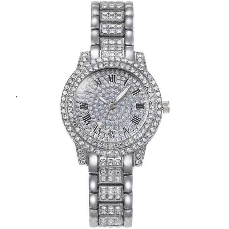 Roman Dial Steel Band Starry Sky Elegant Business Quartz Hip Hop Style Full Diamond Bracelet Watch Set