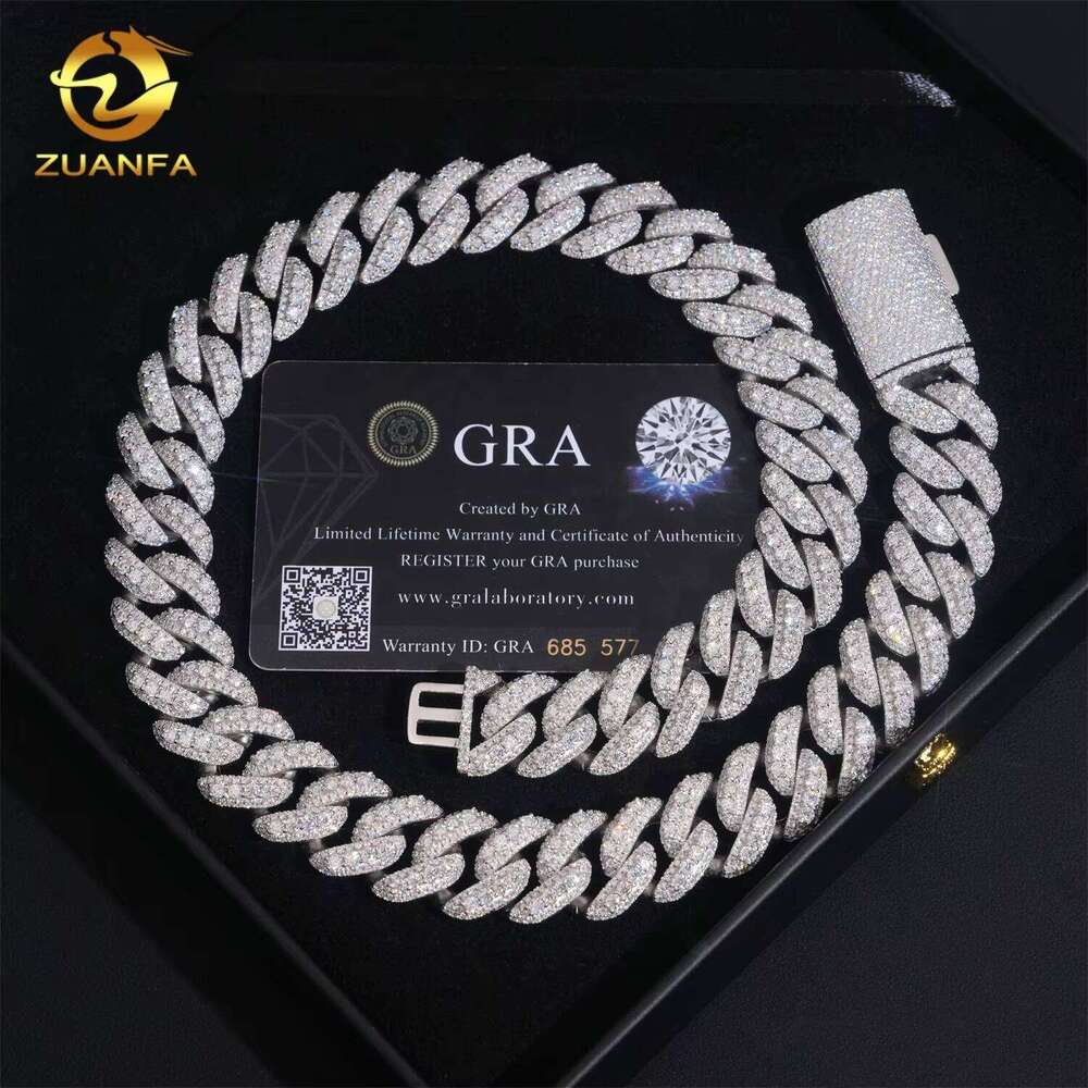 Iced Out Jewelry Hip Hop 3 Rows 18mm Width Sterling Sier VVS Moissanite Dia Miami Cuban Link Chain