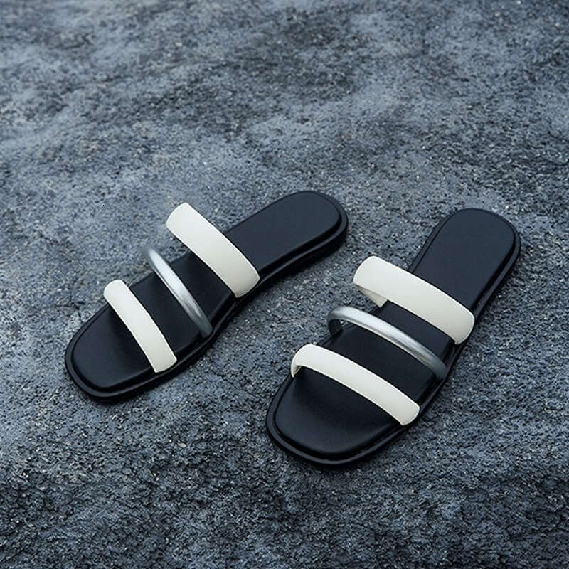 Cowhide Version ~ Flat One-Strap for Women Summer 2025 New Color-Block Square Toe Internet Celebrity Vacation Beach Sandals