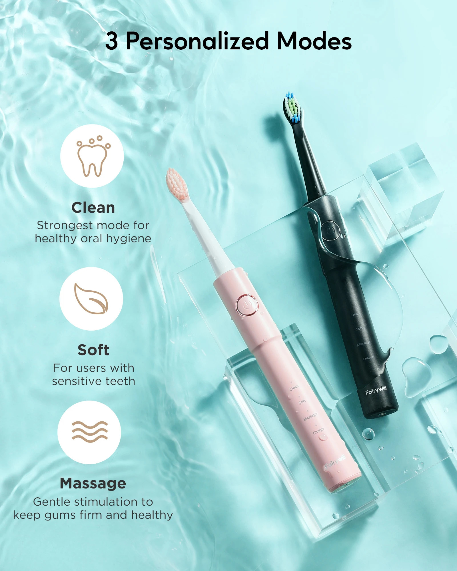 Fairywill Sonic Electric Toothbrush E11 Waterproof USB Charge With 8 Brush Replacement Heads Black and Pink Set for Couple 250527