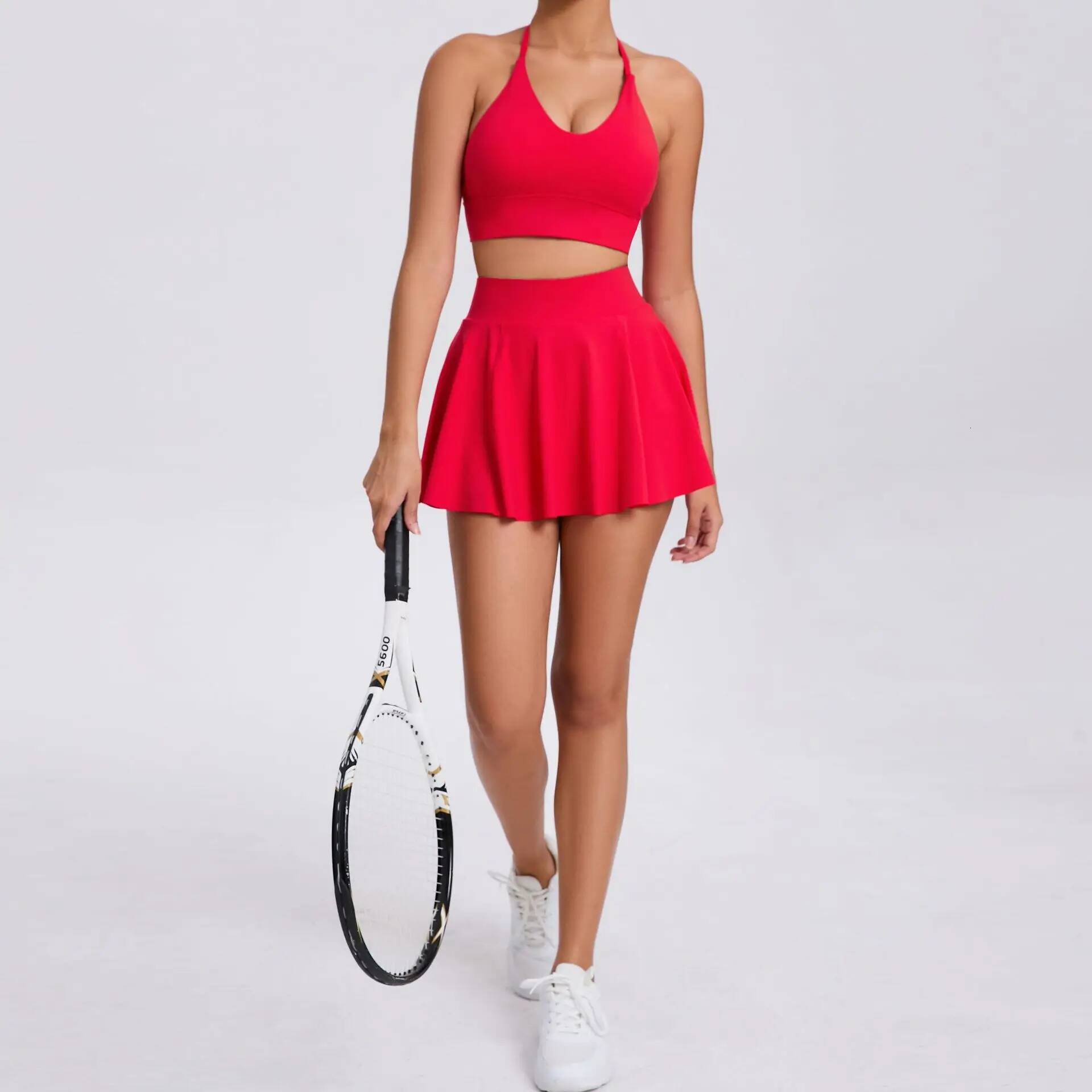 Casual Outdoor Bra Short Skirt Anti-light Running Pocket Fiess Breathable Yoga Tank Top Tennis Suit Set