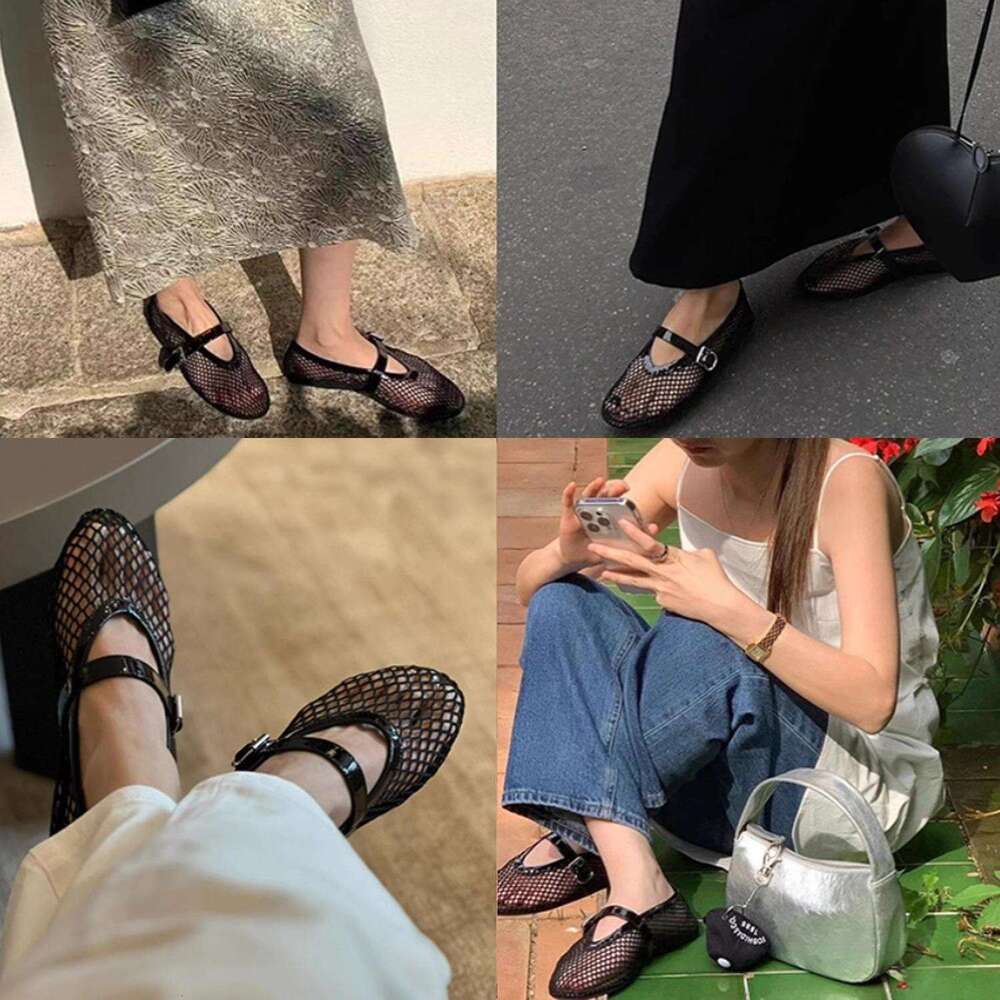 French Style Mesh Breathable Mary Jane Shoes Spring New Shallow Mouth Flat Fishnet Hollow Sandals for Women
