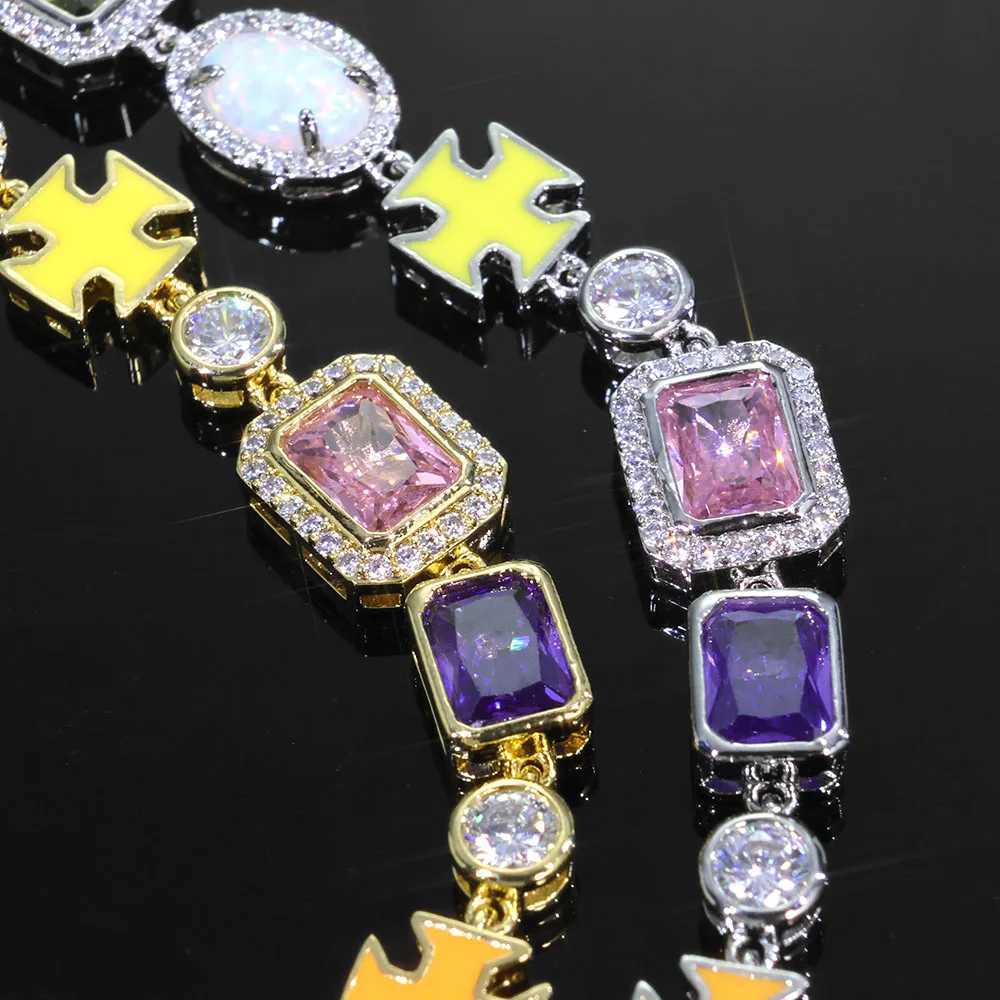 Colored Gems 10mm Tennis Chain Bracelet Mixed With Cross Brass Zircon Geometric Pattern Hip-Hop Style Bracelet For Men And Women W250526