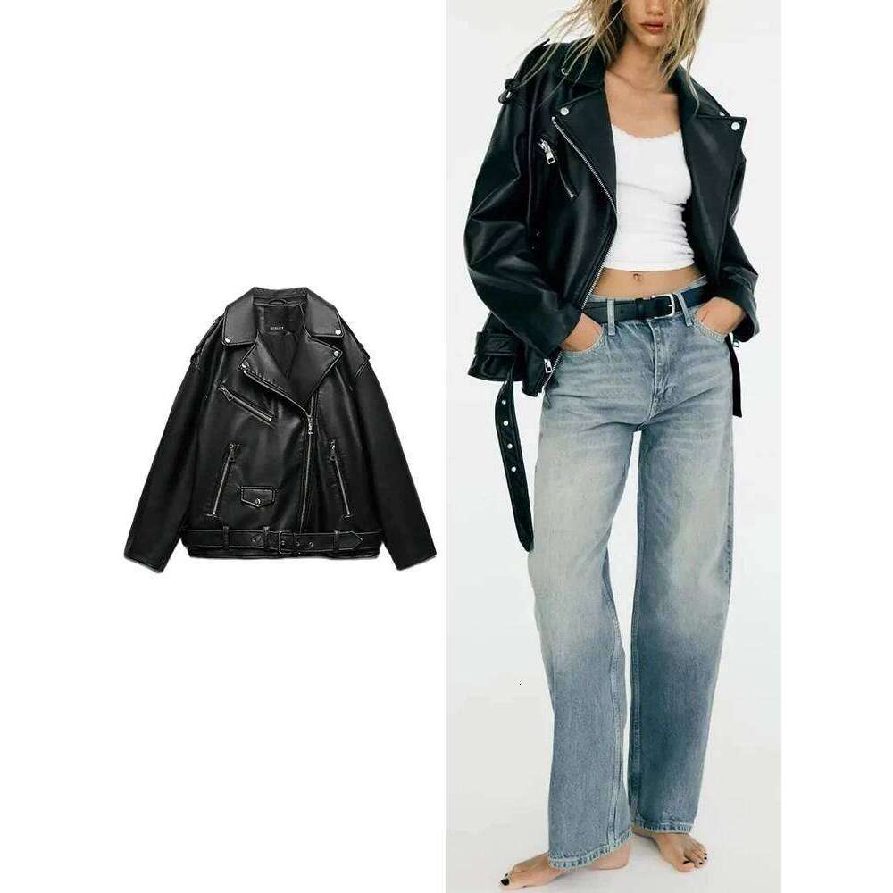 TRAF New Imitation Leather Fall And Winter Lapel Long-Sleeved Pockets With Belt Jacket Women's Fashion Coat