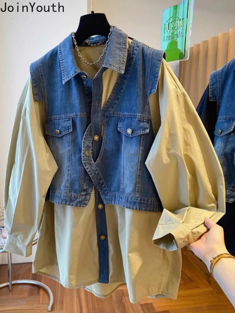Fashion Blouse for Women Patchwork Denim Fake Two Shirts 2025 Blusas Mujer De Moda Casual Fashion Korean Oversized Y2k Tops 250523