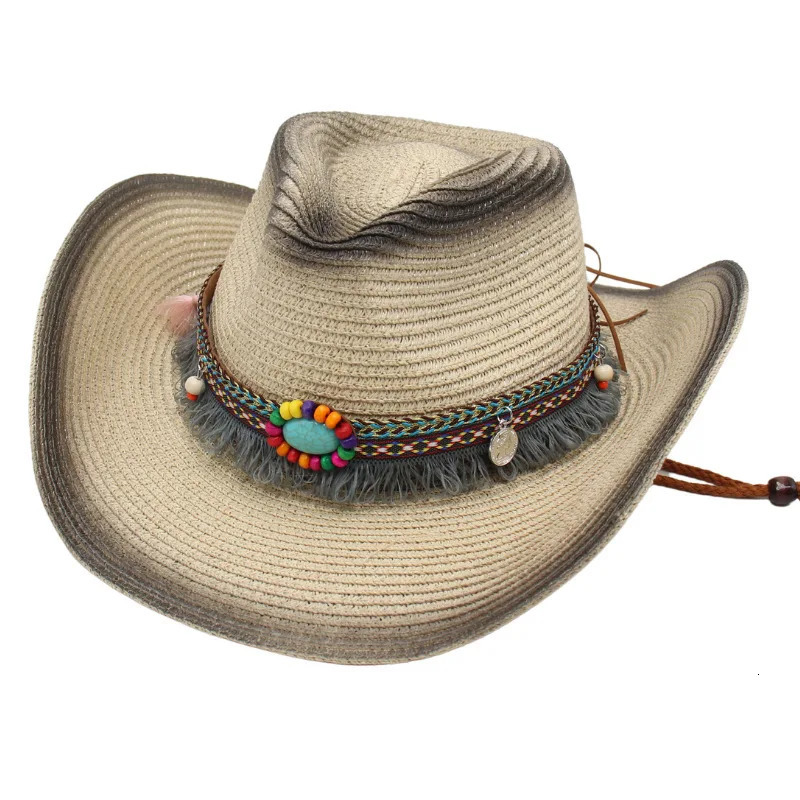 Spray Paint Western Straw Cowboy Hat Tassel Summer Sun Protection for Men and Women Sun Hat Ethnic Style Hollow Out Beach Hat 250526